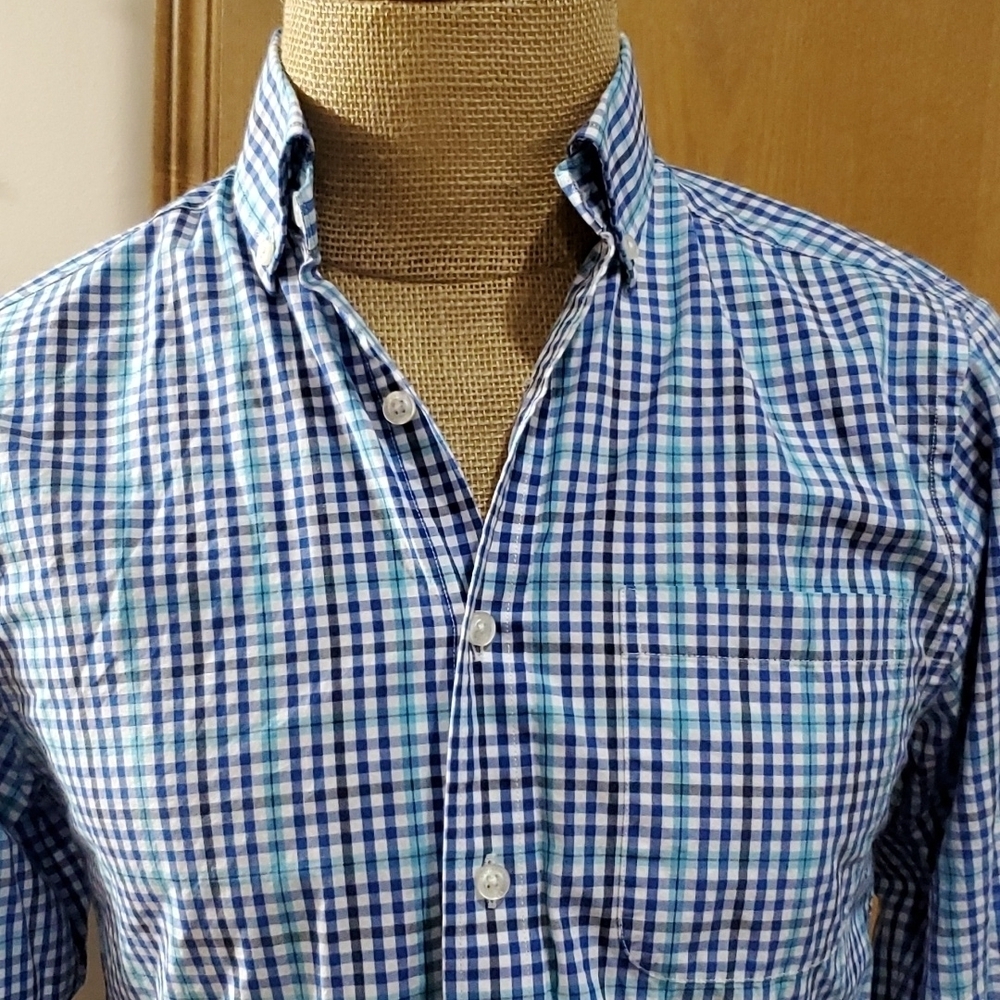 Vineyard Vines slim fit Murray shirt blue black plaid flawed